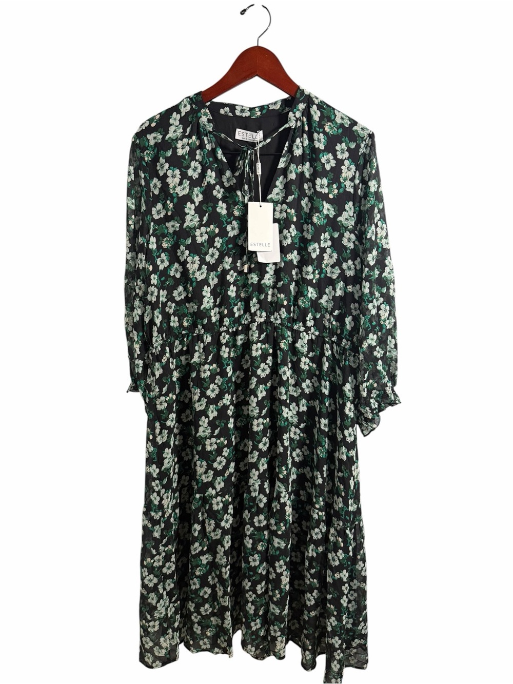 Estelle Floral Tie-Neck Midi Dress in Black and Green 2X New - Picture 2 of 8